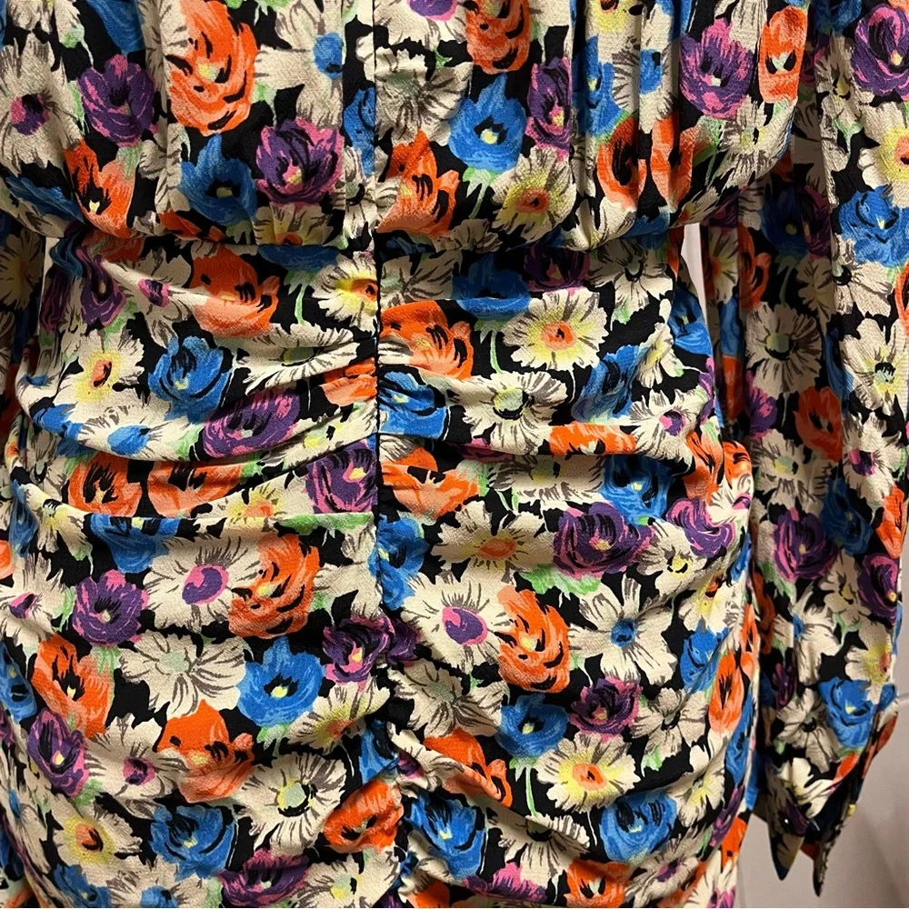Zara Multicolor Floral Long Sleeve Ruched Mini Dress Size Medium - Picture 12 of 16